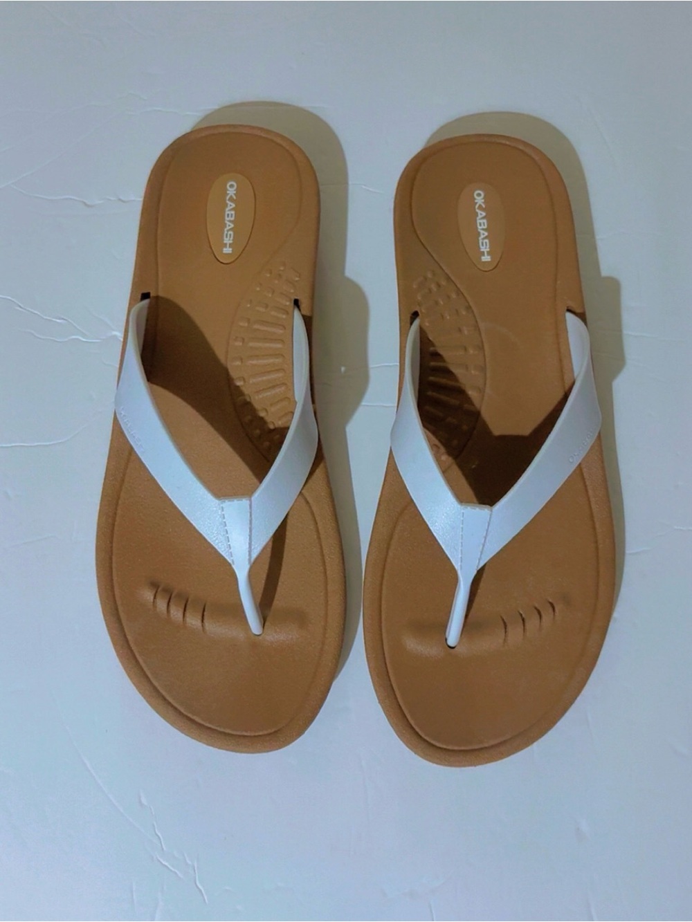 Okabashi Brown Footbed Flip Flops with White Straps